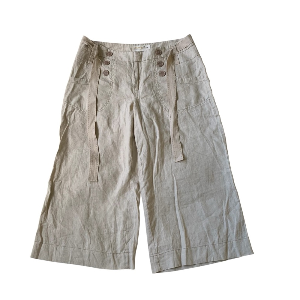 LONDONJEAN | Chino Beige 100% Linen Cropped Pants Size 10 with Sailor Buttons